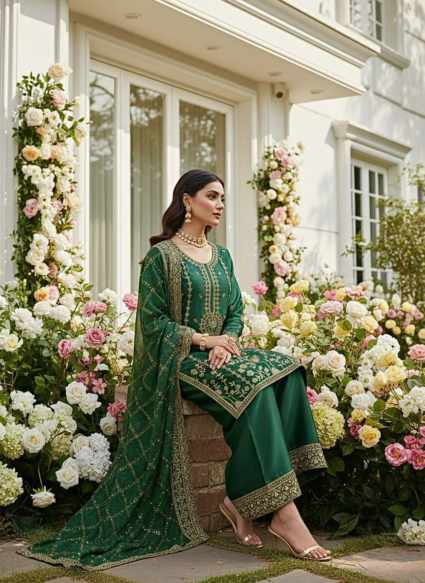Premium GMY Silk Heavy Embroidered Kurta Palazzo Set with Dupatta