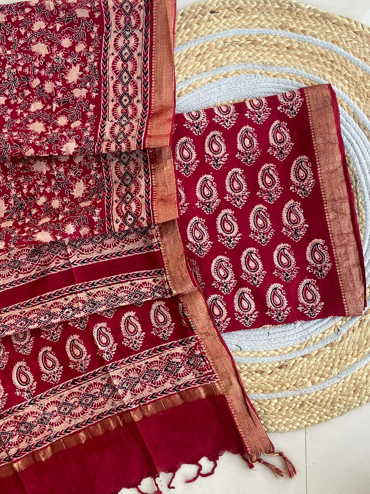 Ajrakh Mangalgiri Cotton Suit Fabric - Maroon Ajrakh Cotton Suit Fabric Online India