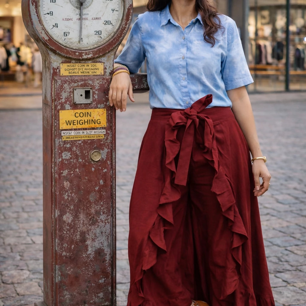 KALEIDOS - Rich Maroon Waist Tie-Up Ruffled Maxi Skirt with Attached Trousers.