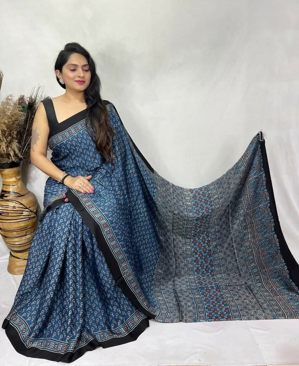 Modal Silk Ajrakh Saree – Teal Blue Ajrakh Design