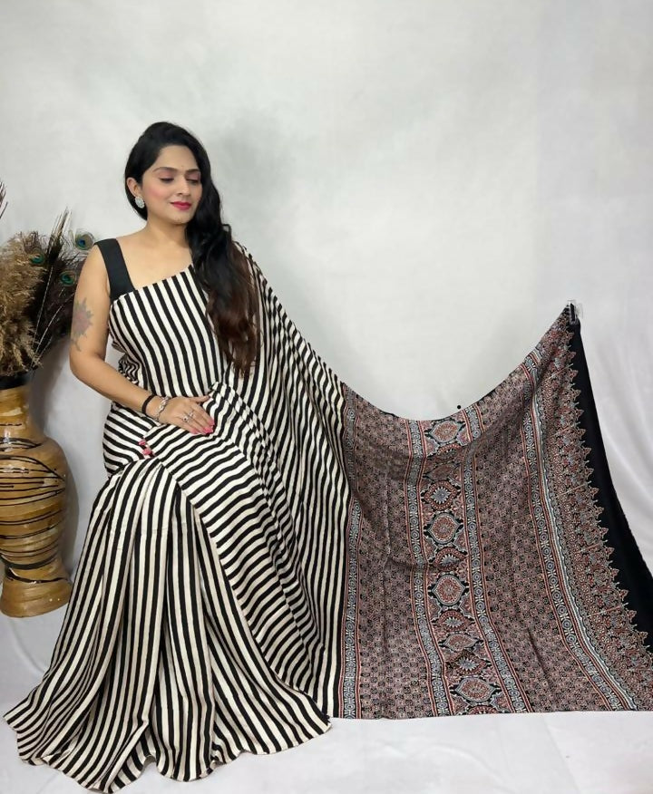 Modal Silk Ajrakh Saree – Black White Stripes with Brown Ajrakh