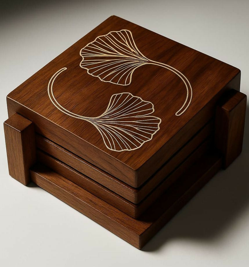 Floral Brown Tea Coaster Set of 5 with Stand