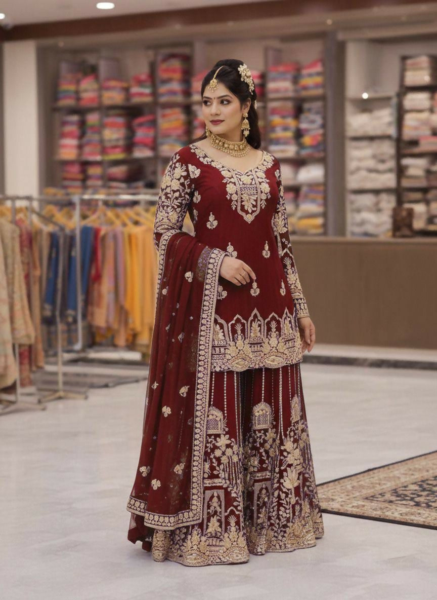 Designer Kurti Flared Plazzo & Dupatta Set