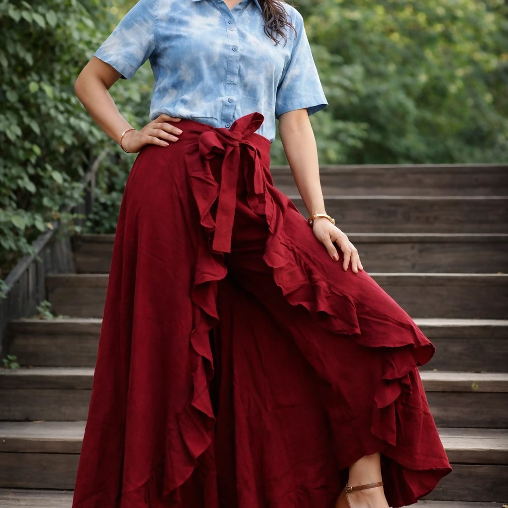 KALEIDOS - Rich Maroon Waist Tie-Up Ruffled Maxi Skirt with Attached Trousers.