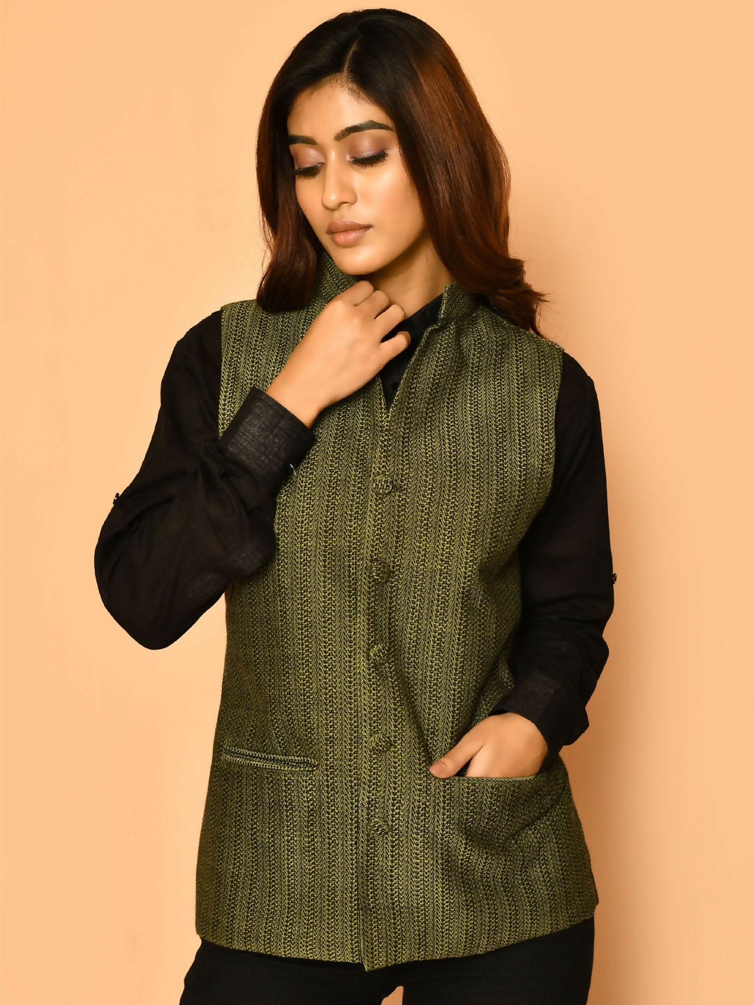 Olive Green Handloom Cotton Nehru Jacket for Women