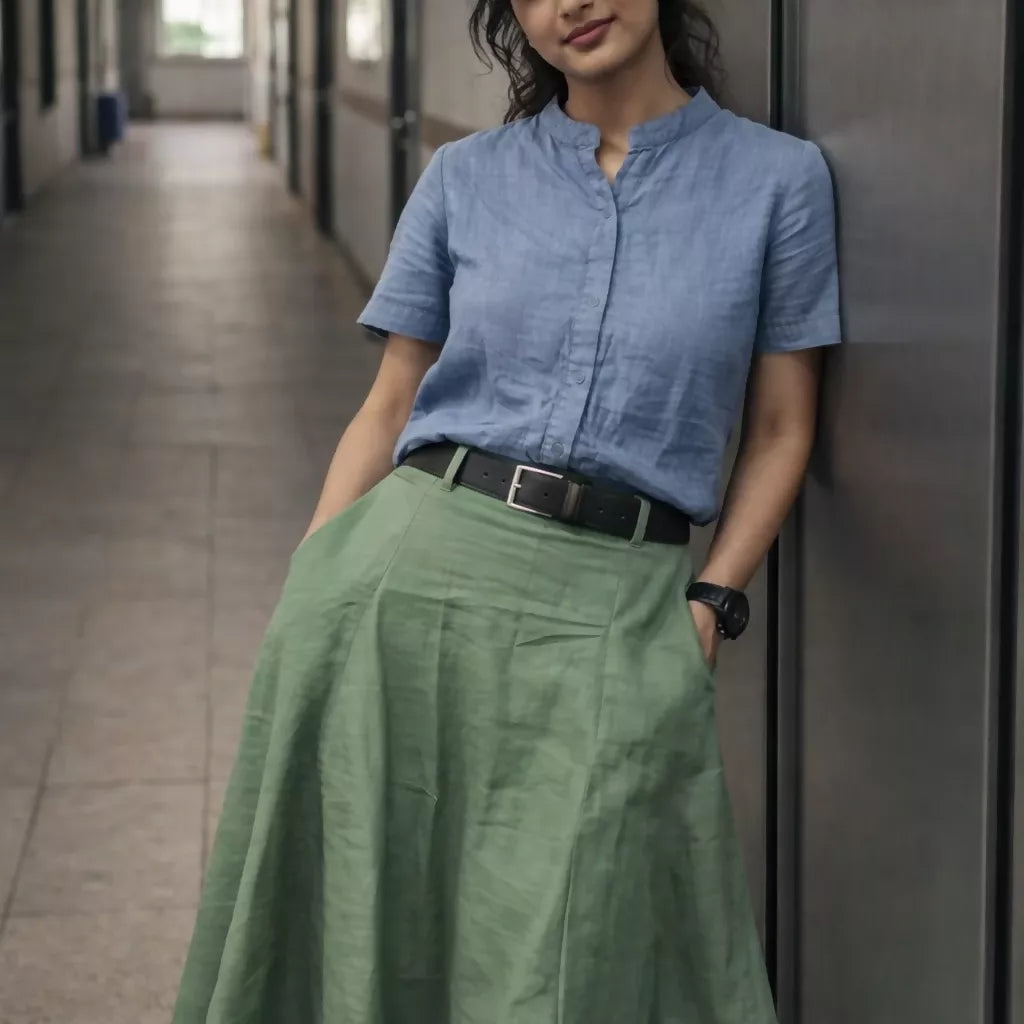 GREEN ALLEY - Olive Cotton Linen Symmetric flared hem Aline Waist Skirt.