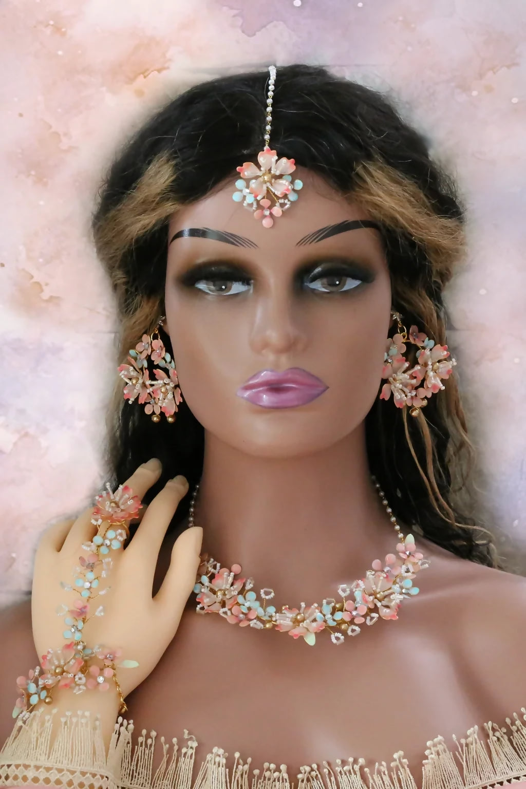 Seraphina’s Bloom – Handmade Resin Floral Haathphool with Finger Ring in Blush Pink, Aqua & Gold