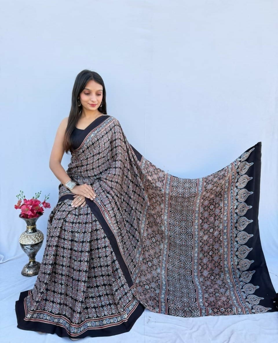 Modal Silk Ajrakh Saree – Beige & Black Ajrakh Design