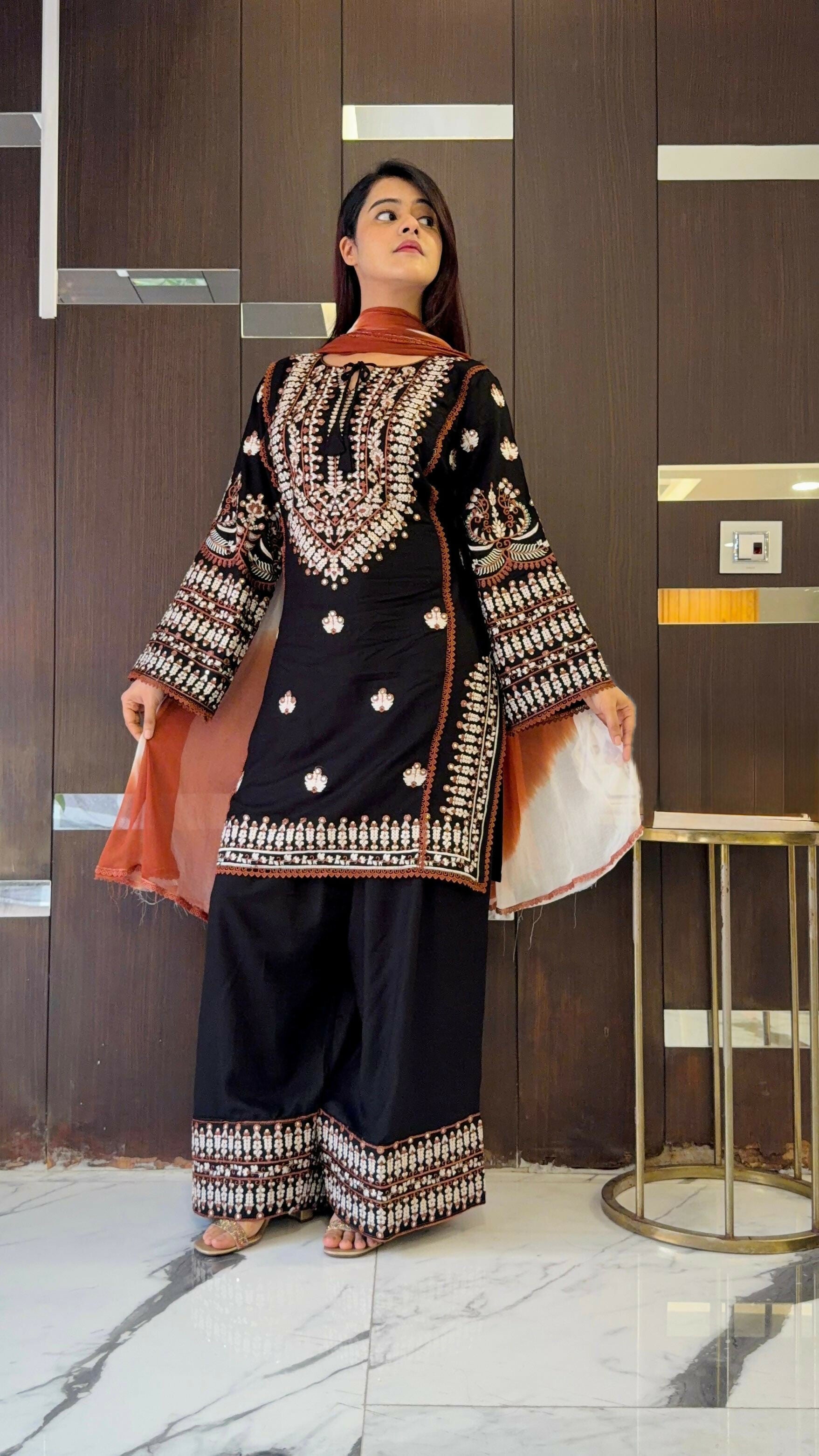Designer Top Farshi Pant & Dupatta Set