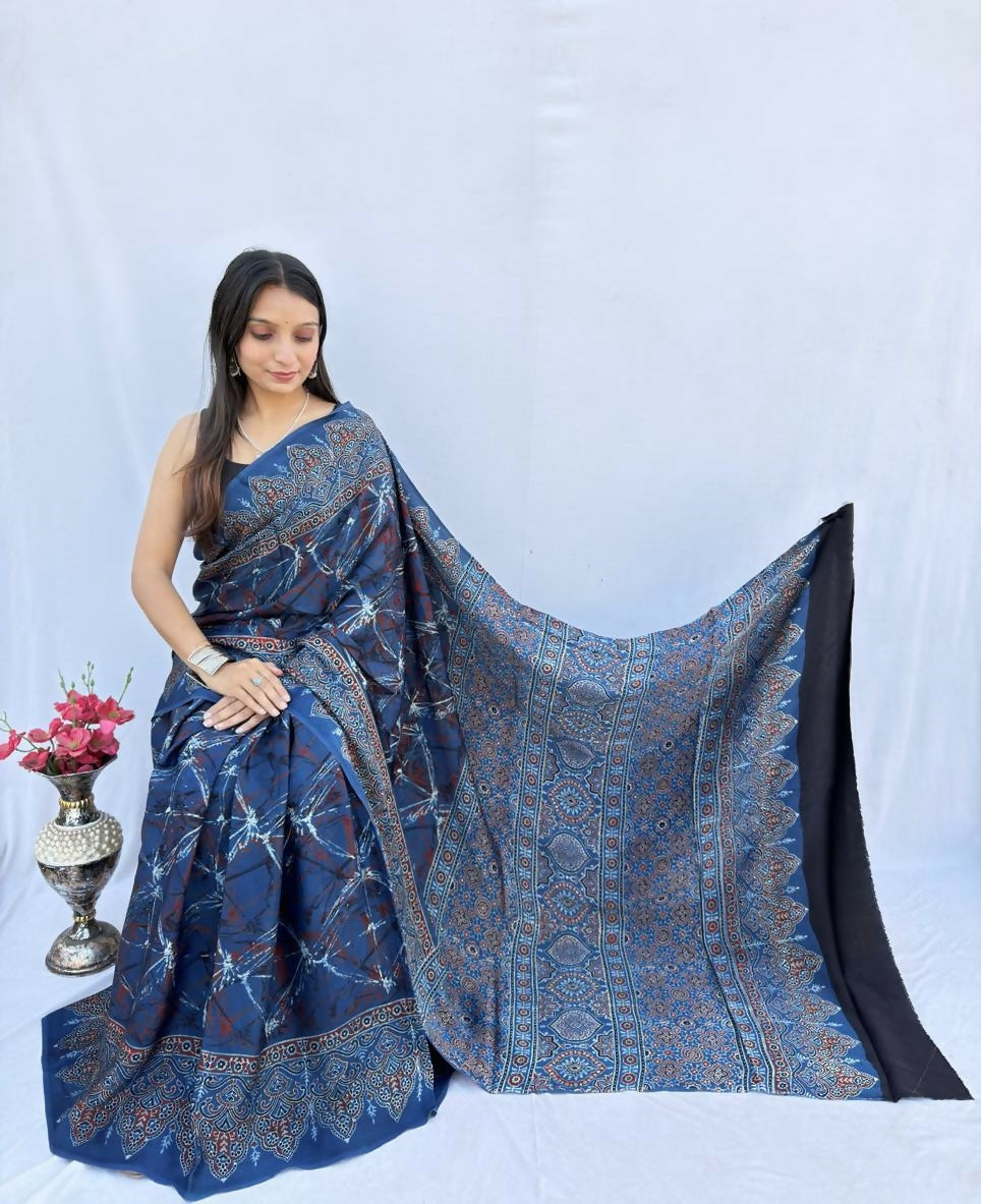Modal Silk Ajrakh Saree – Royal Blue Ajrakh Design