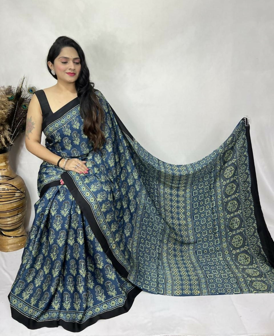 Modal Silk Ajrakh Saree – Blue & Green Ajrakh Motifs