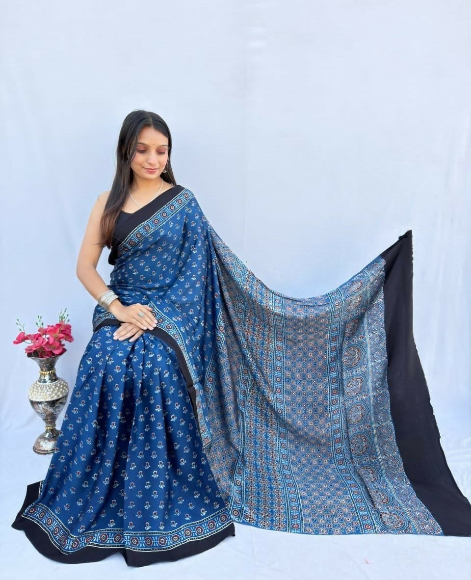 Modal Silk Ajrakh Saree – Bright Blue Ajrakh Design