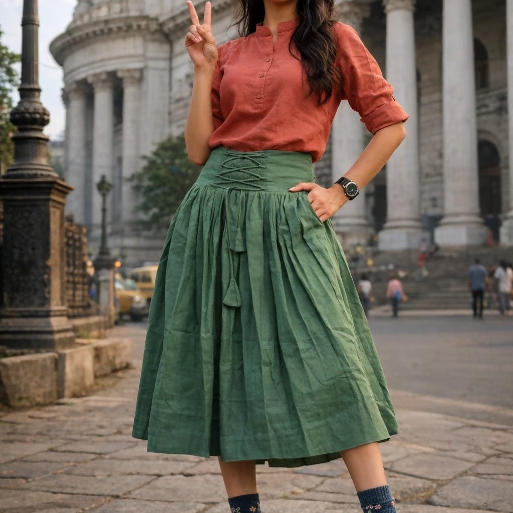 GREENVILLIE - Olive Green Cotton Linen Vintage theme Symmetric flared hem Skirt.