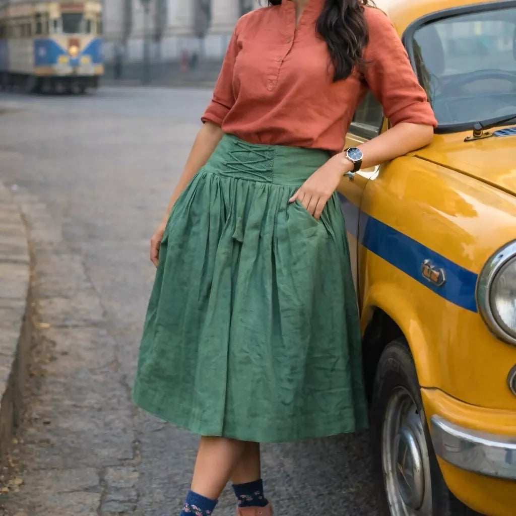 GREENVILLIE - Olive Green Cotton Linen Vintage theme Symmetric flared hem Skirt.