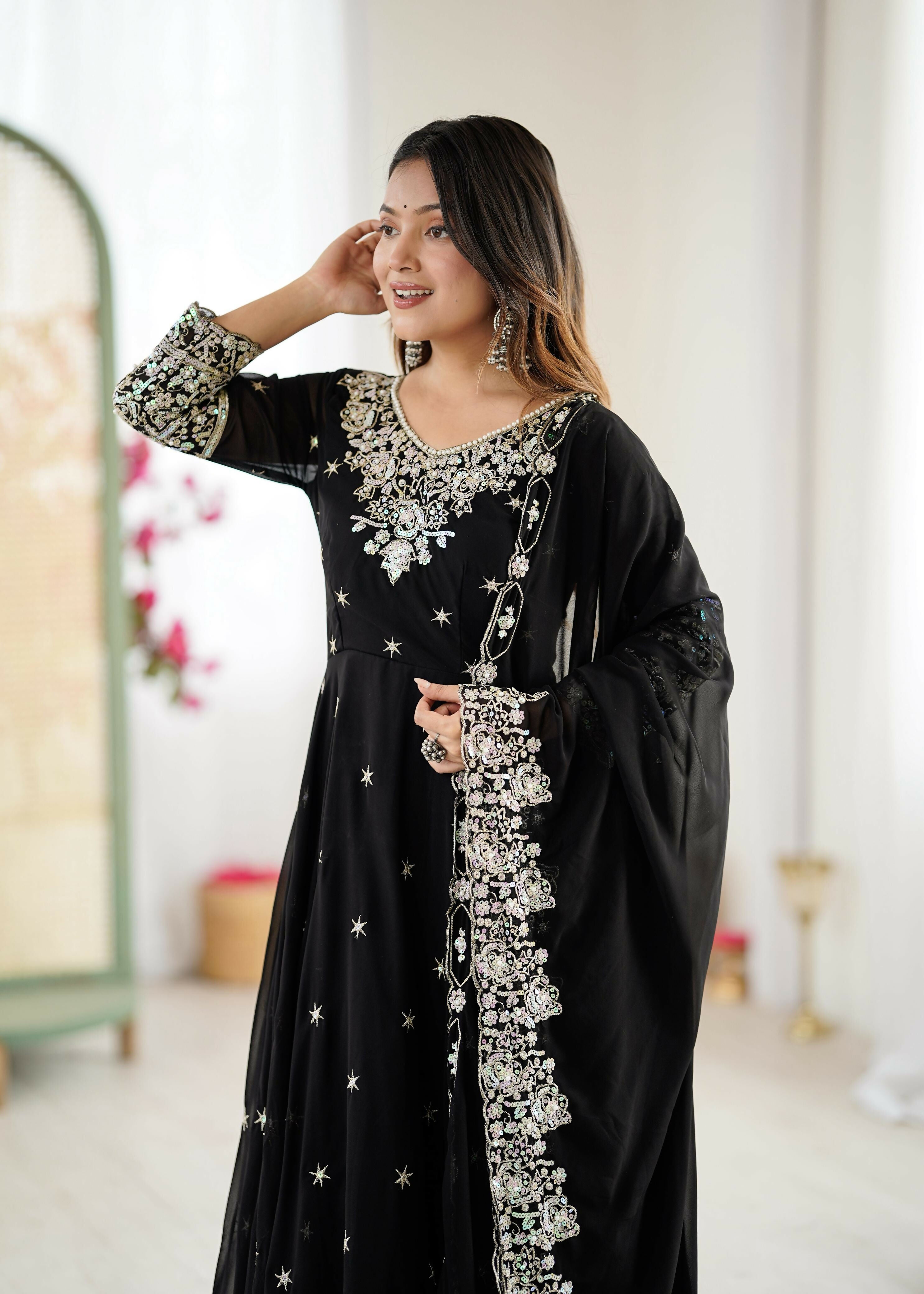 Elegant Embroidered Designer Anarkali Three Piece Set