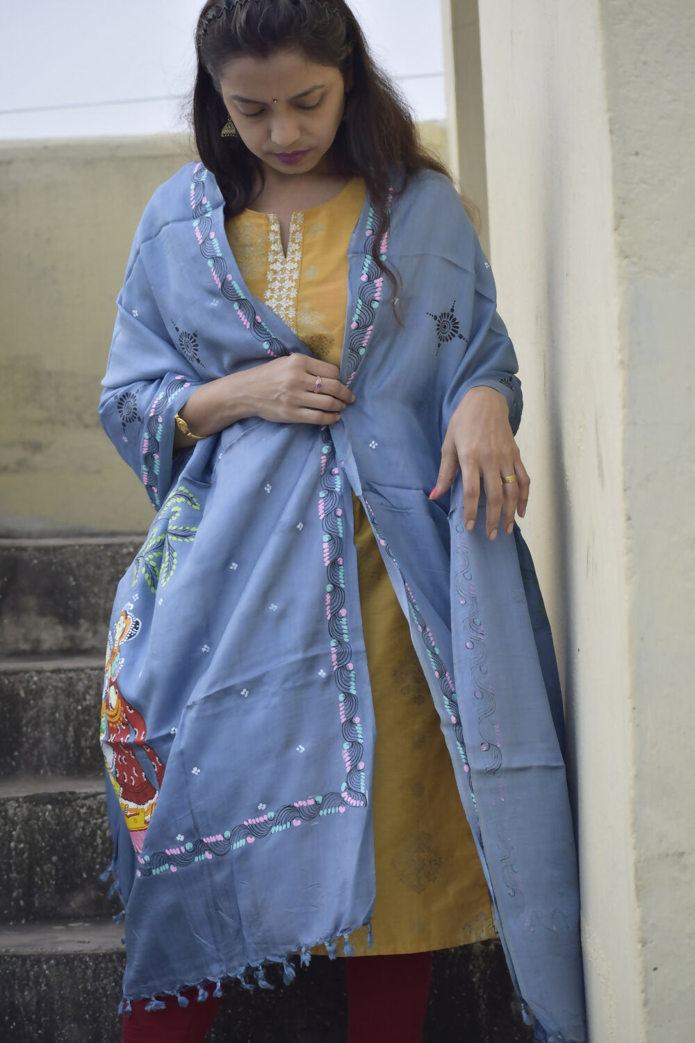 Vrindavan Leela- Sky Blue Premium Banana Silk Dupatta --Sustainably Fashionable.