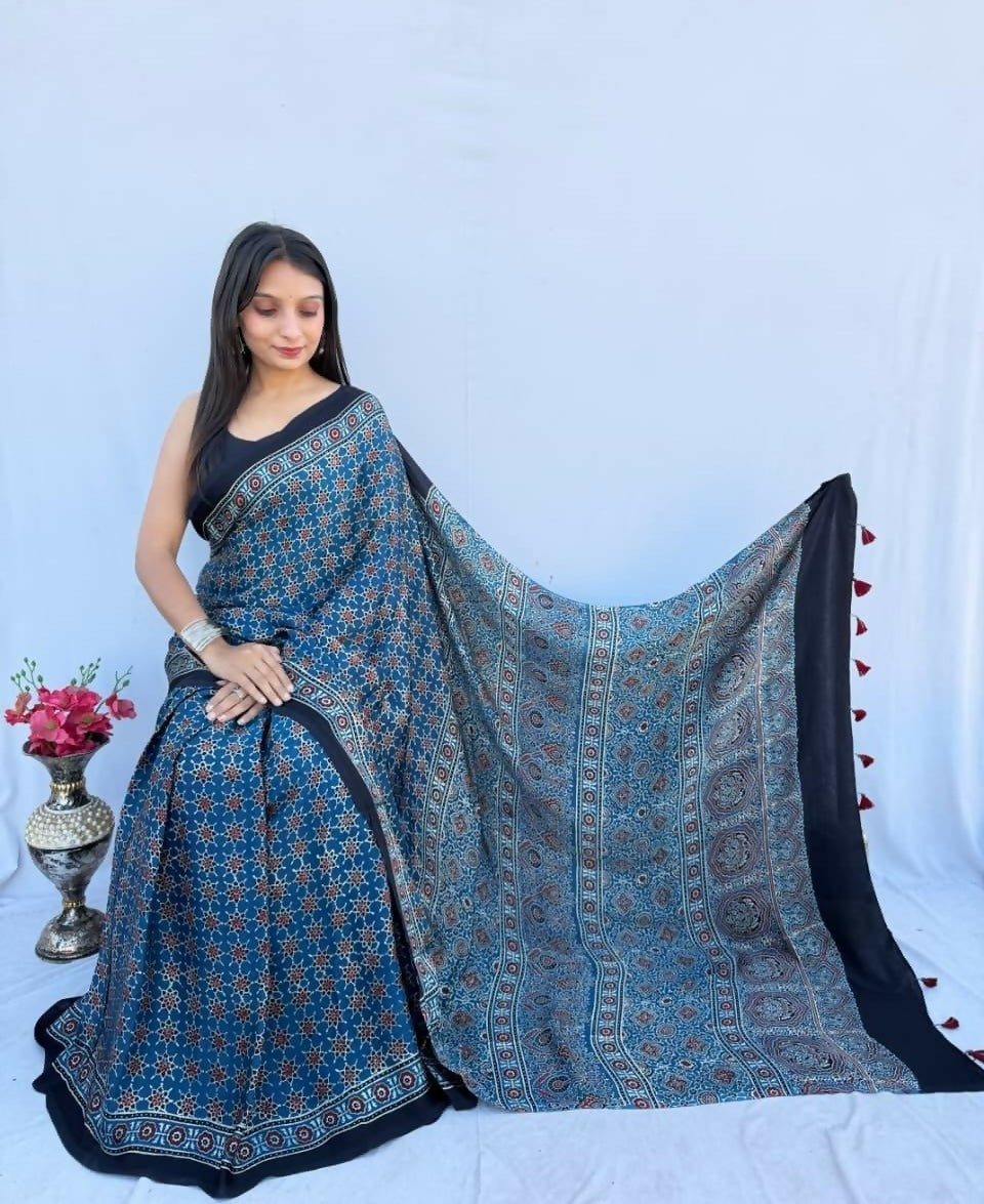 Modal Silk Ajrakh Saree – Blue with Traditional Ajrakh Design