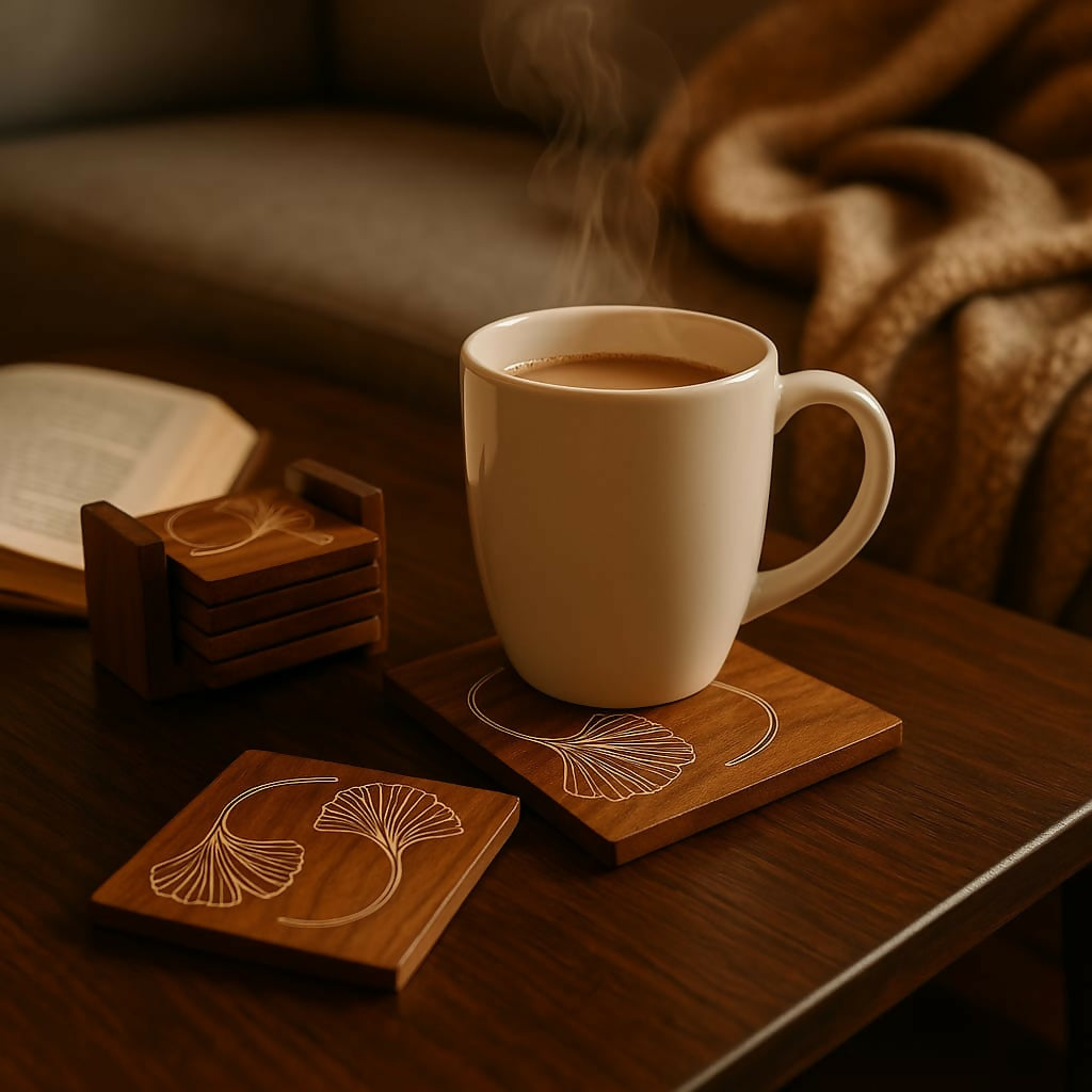 Floral Brown Tea Coaster Set of 5 with Stand