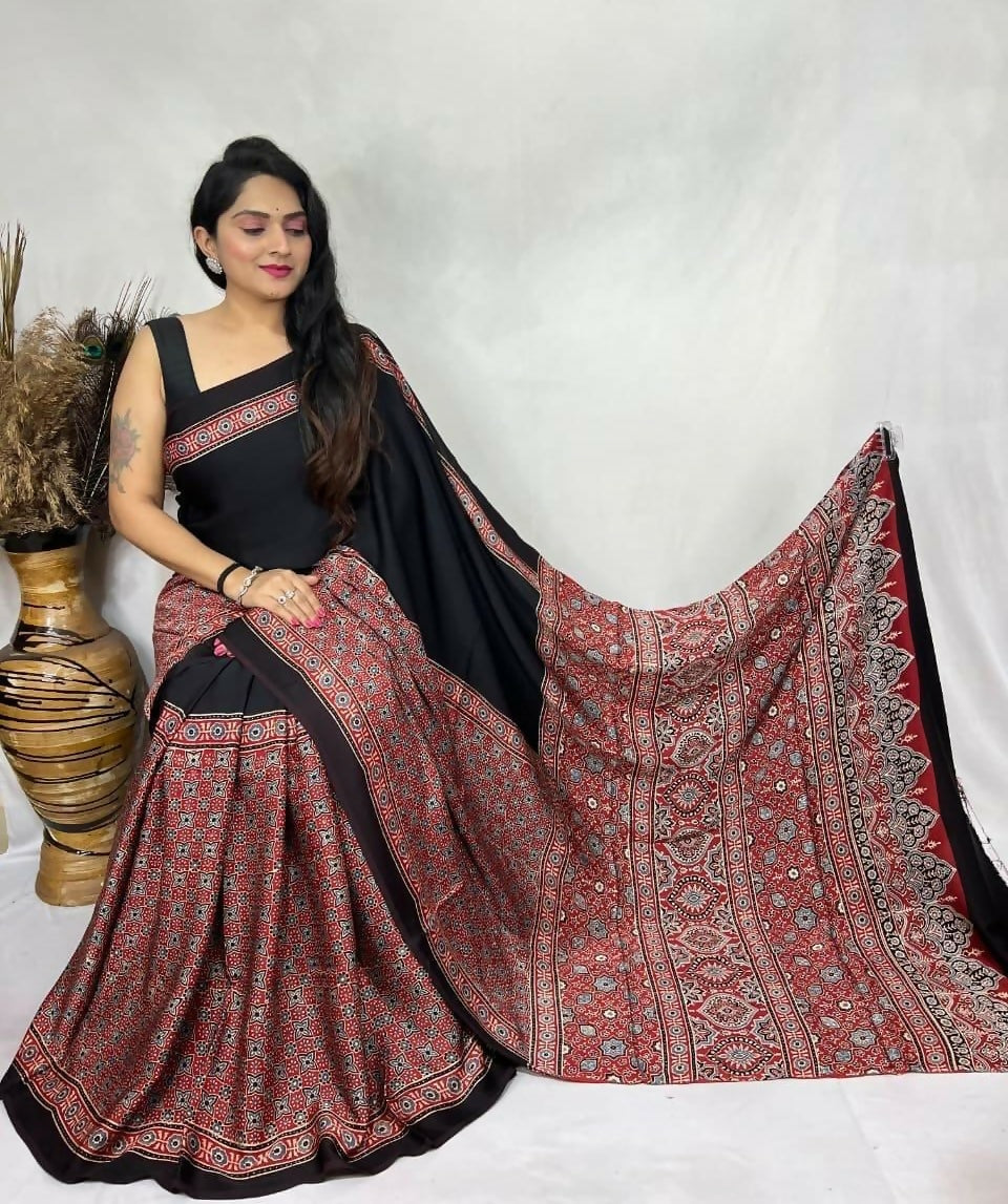 Modal Silk Ajrakh Saree – Black with Red Ajrakh Design