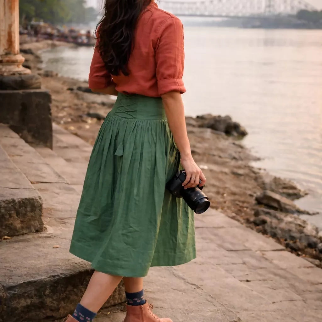 GREENVILLIE - Olive Green Cotton Linen Vintage theme Symmetric flared hem Skirt.