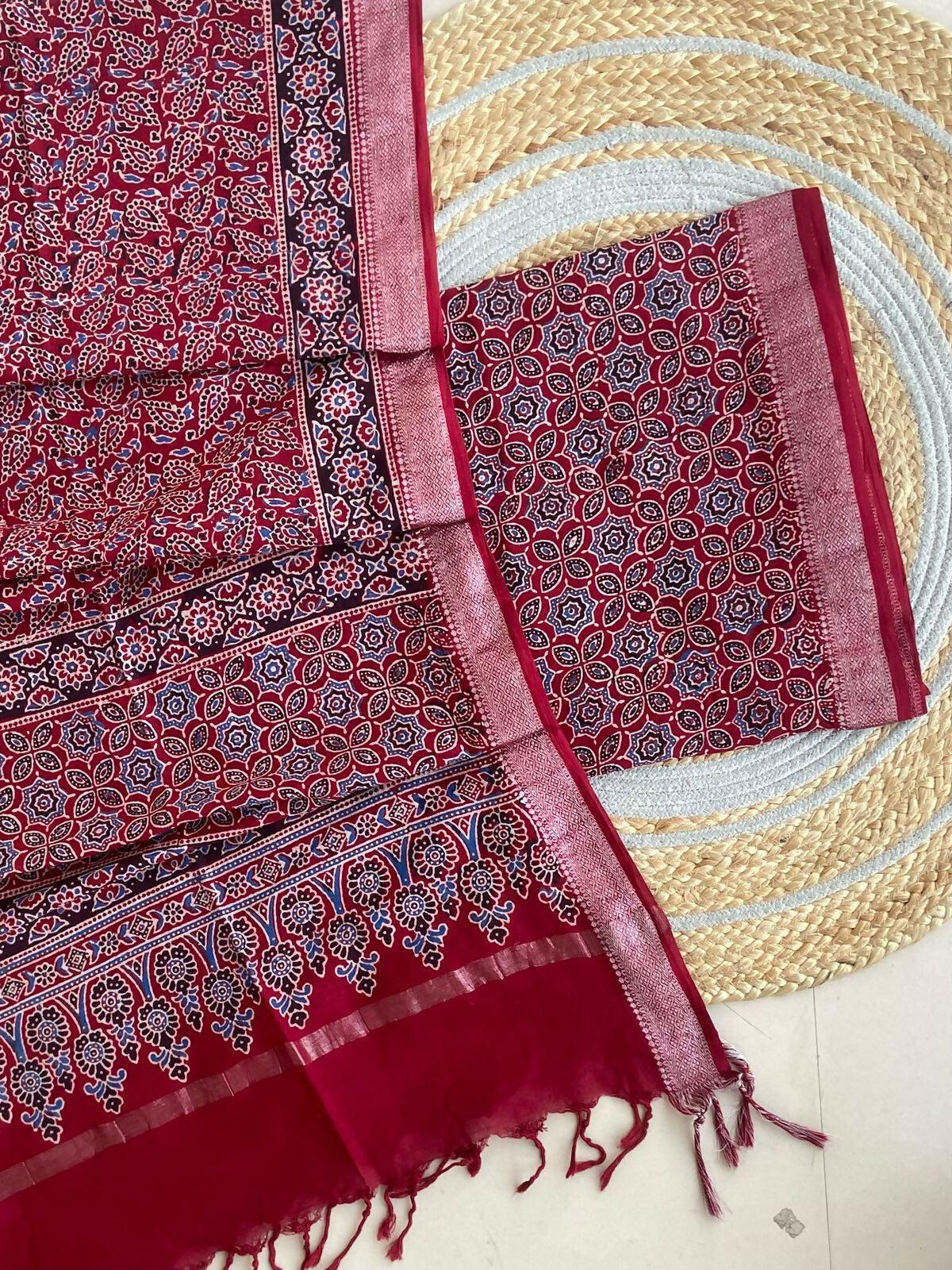 Ajrakh Mangalgiri Cotton Suit Fabric - Maroon Ajrakh Dress Material Cotton India
