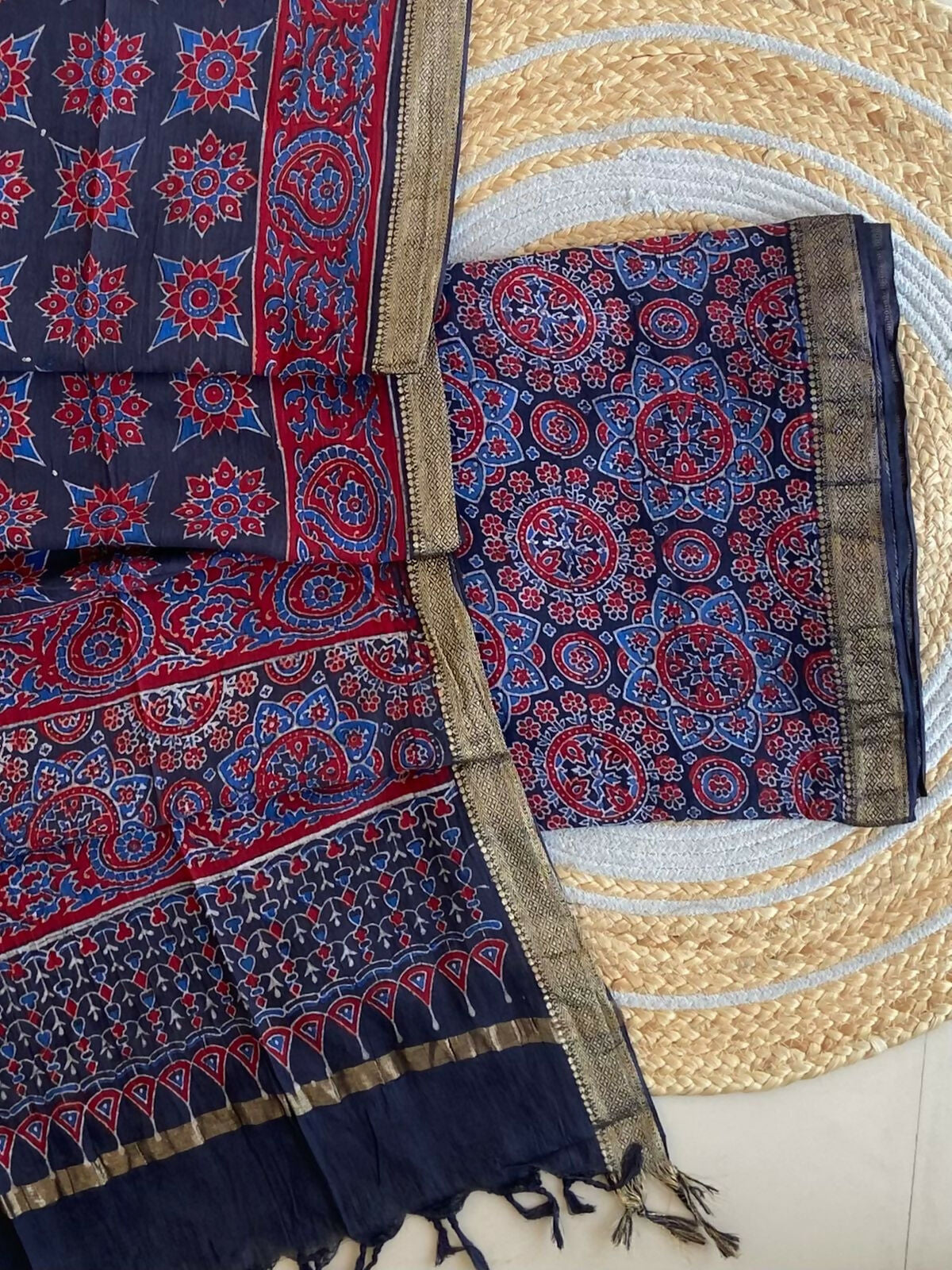 Ajrakh Mangalgiri Cotton Suit Fabric - Royal Blue Ajrakh Cotton Suit Fabric India