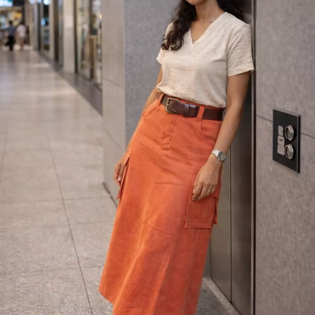 ORANGE GRUNGE - High Waist Bright Saffron Solid Tone Cargo Skirt in knee length .