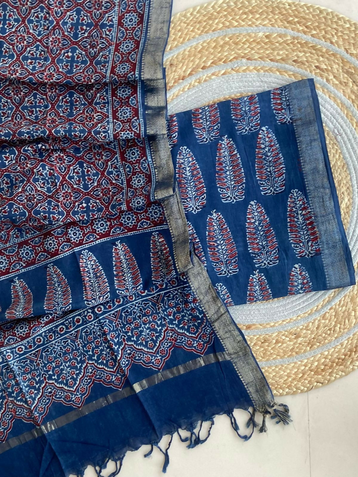 Ajrakh Mangalgiri Cotton Suit Fabric - Indigo Ajrakh Cotton Suit Fabric Online India