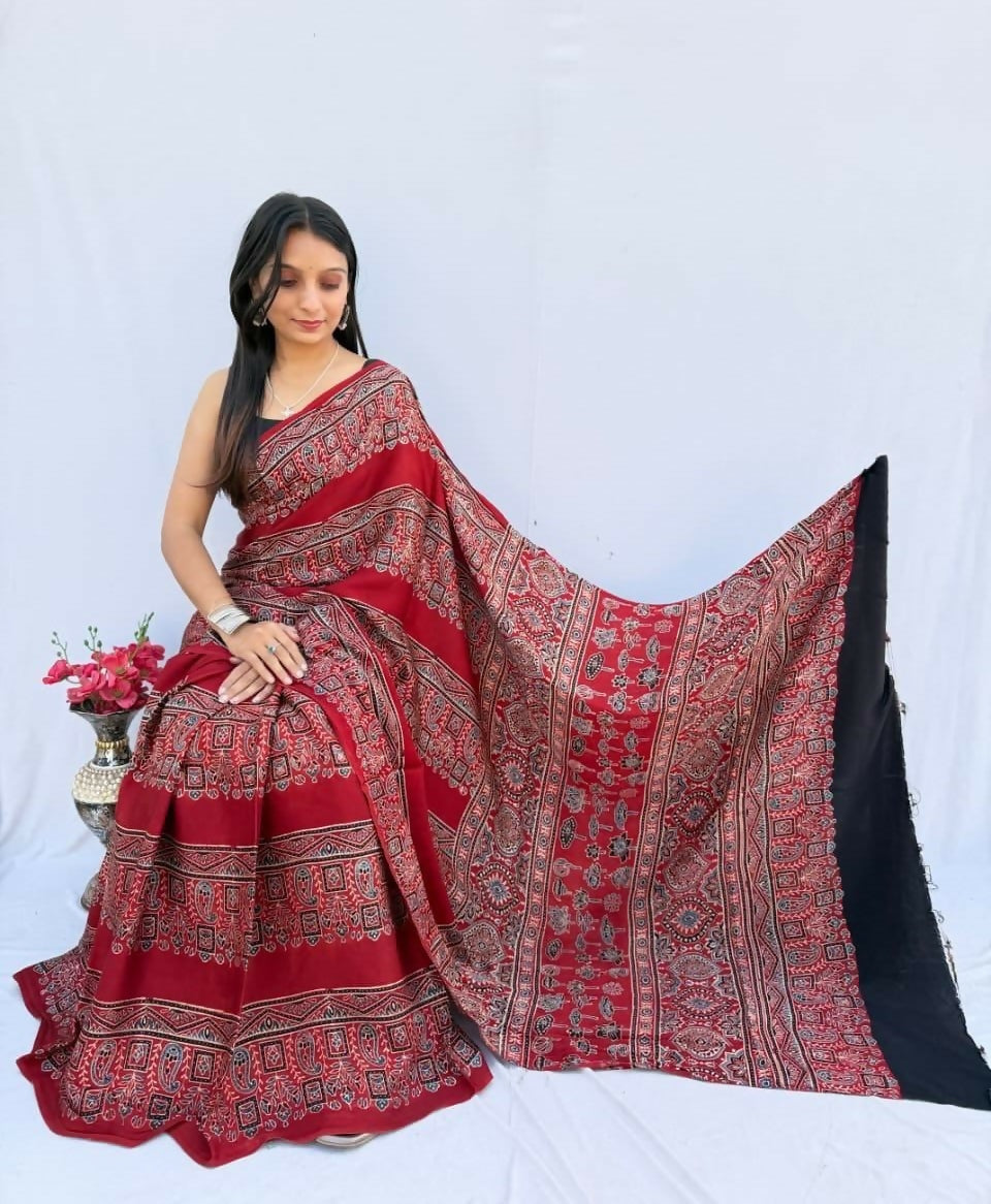 Modal Silk Ajrakh Saree – Bright Red Ajrakh Design