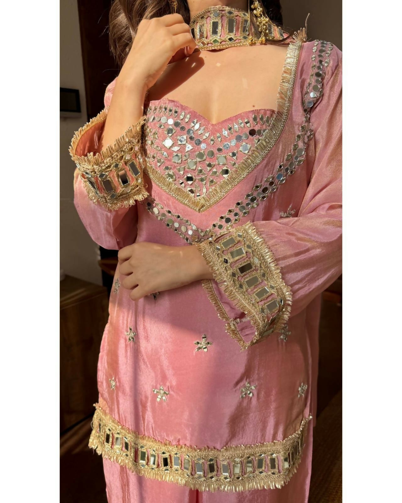 Women’s Fendy Silk Mirror Work Top, Sharara & Dupatta Set