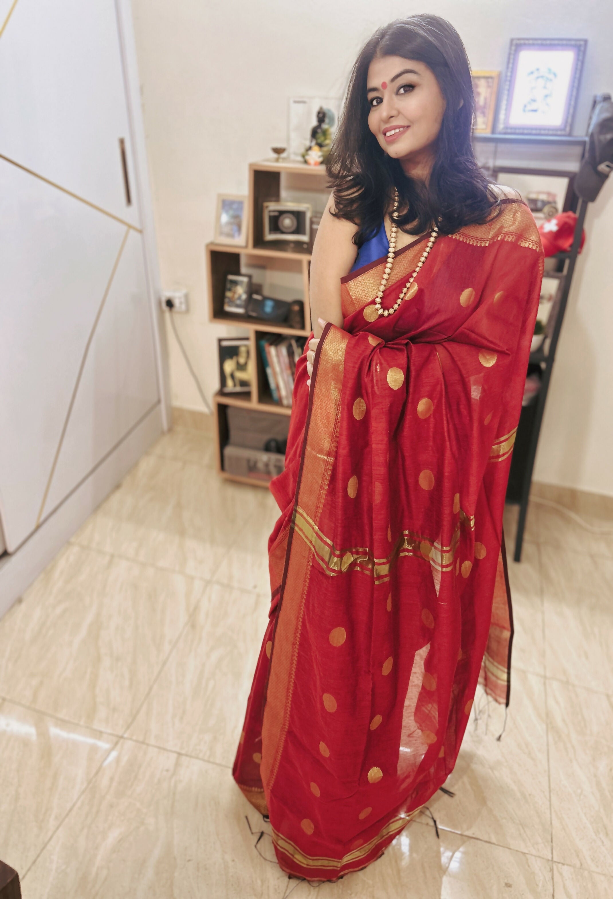 Rudrani – Deep Rustic Red Maheshwari Inspired Bengal Cotton Silk Saree