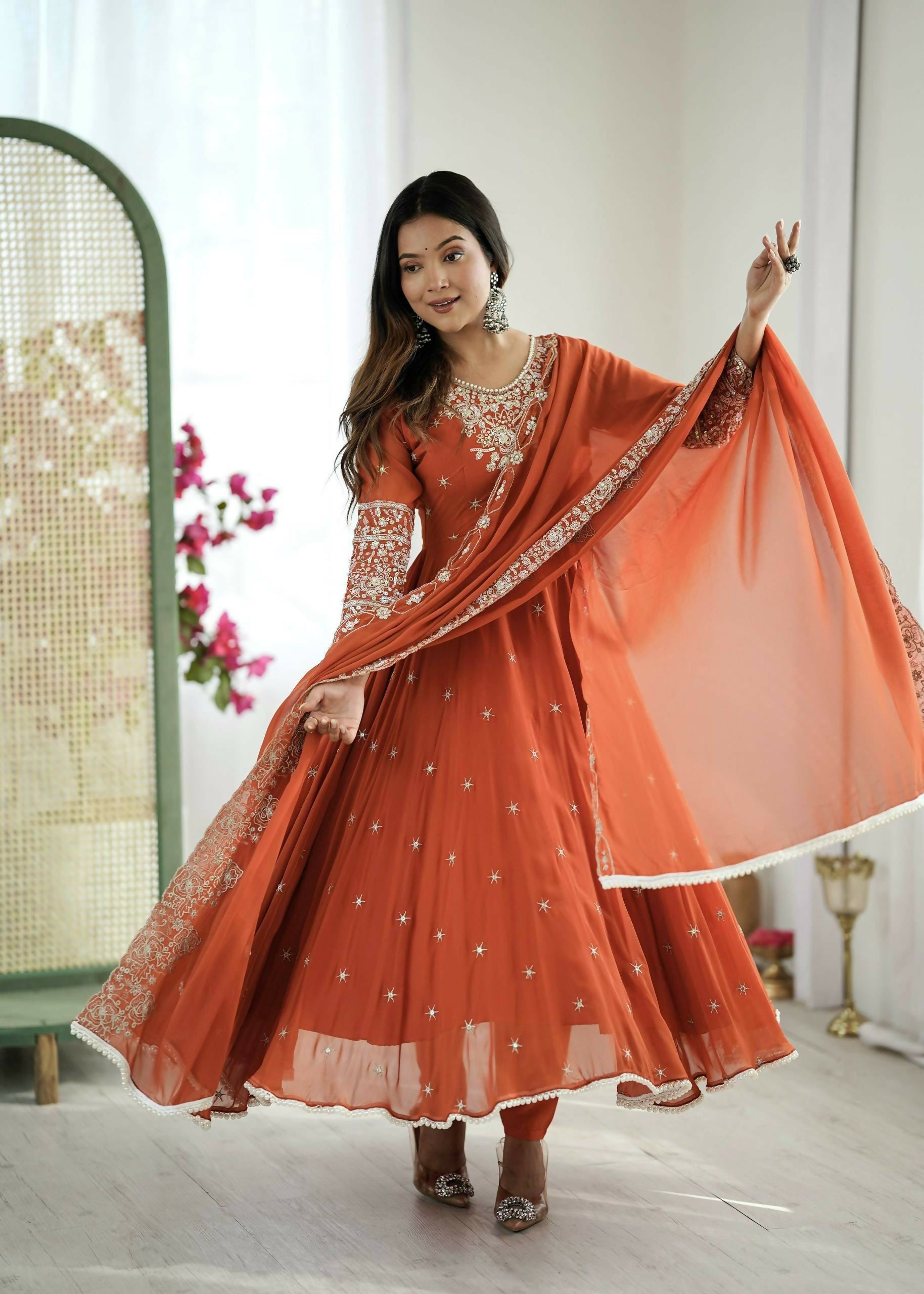 Elegant Embroidered Designer Anarkali Three Piece Set