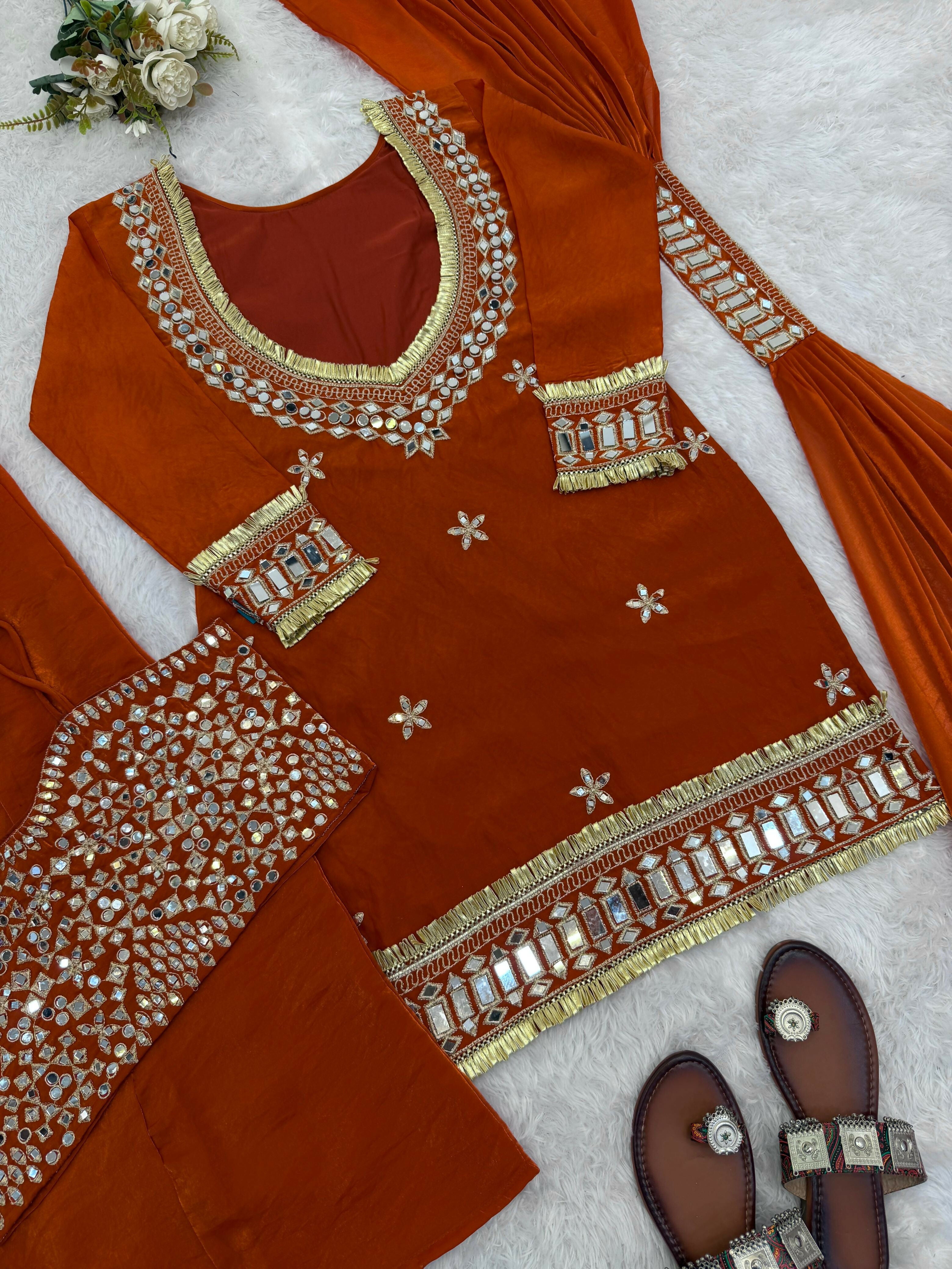 Women’s Fendy Silk Mirror Work Top, Sharara & Dupatta Set