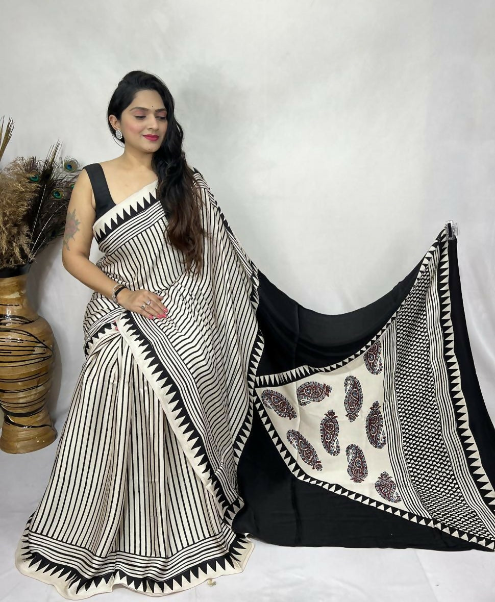 Modal Silk Ajrakh Saree – Off White & Black Striped Design