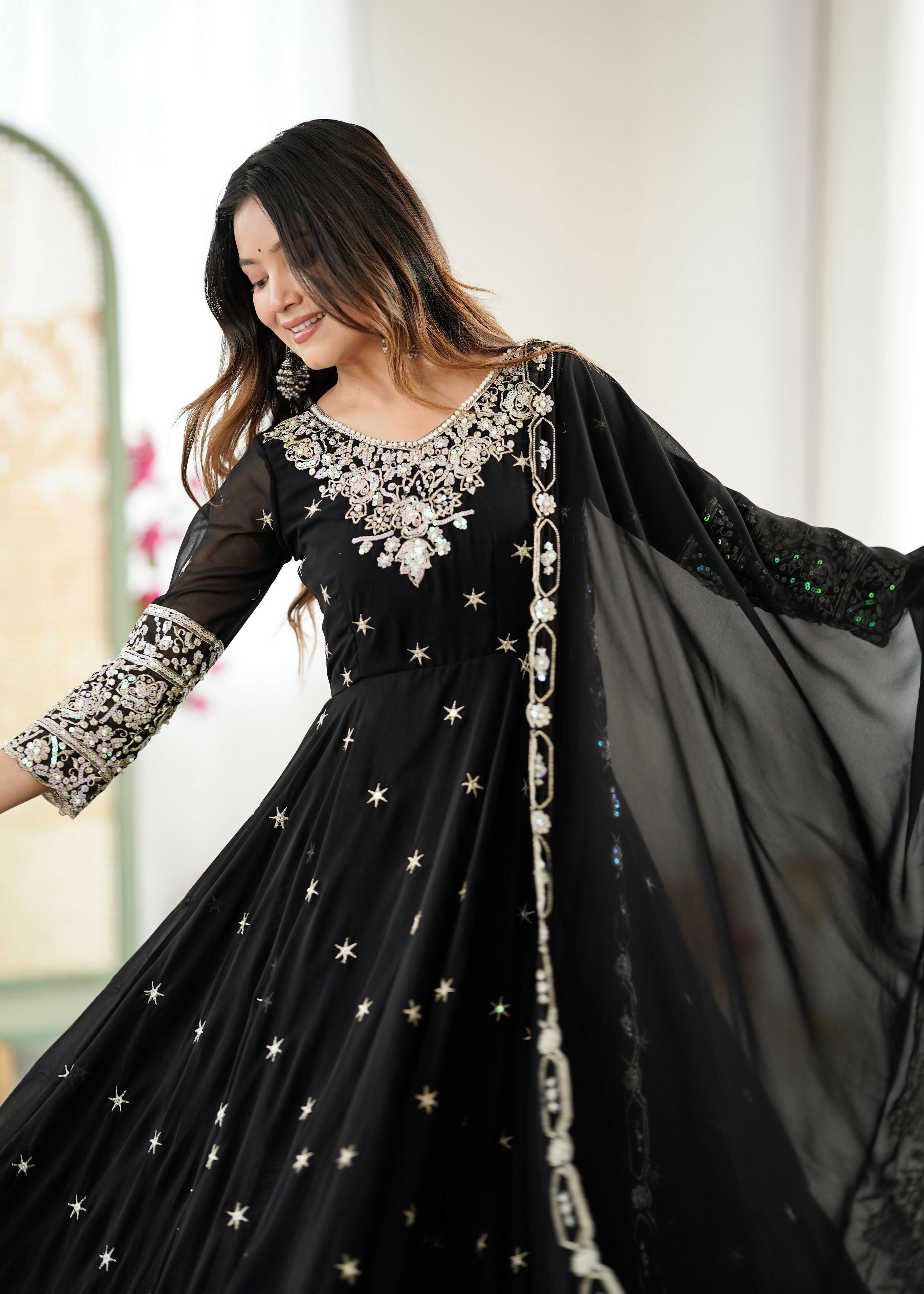 Elegant Embroidered Designer Anarkali Three Piece Set