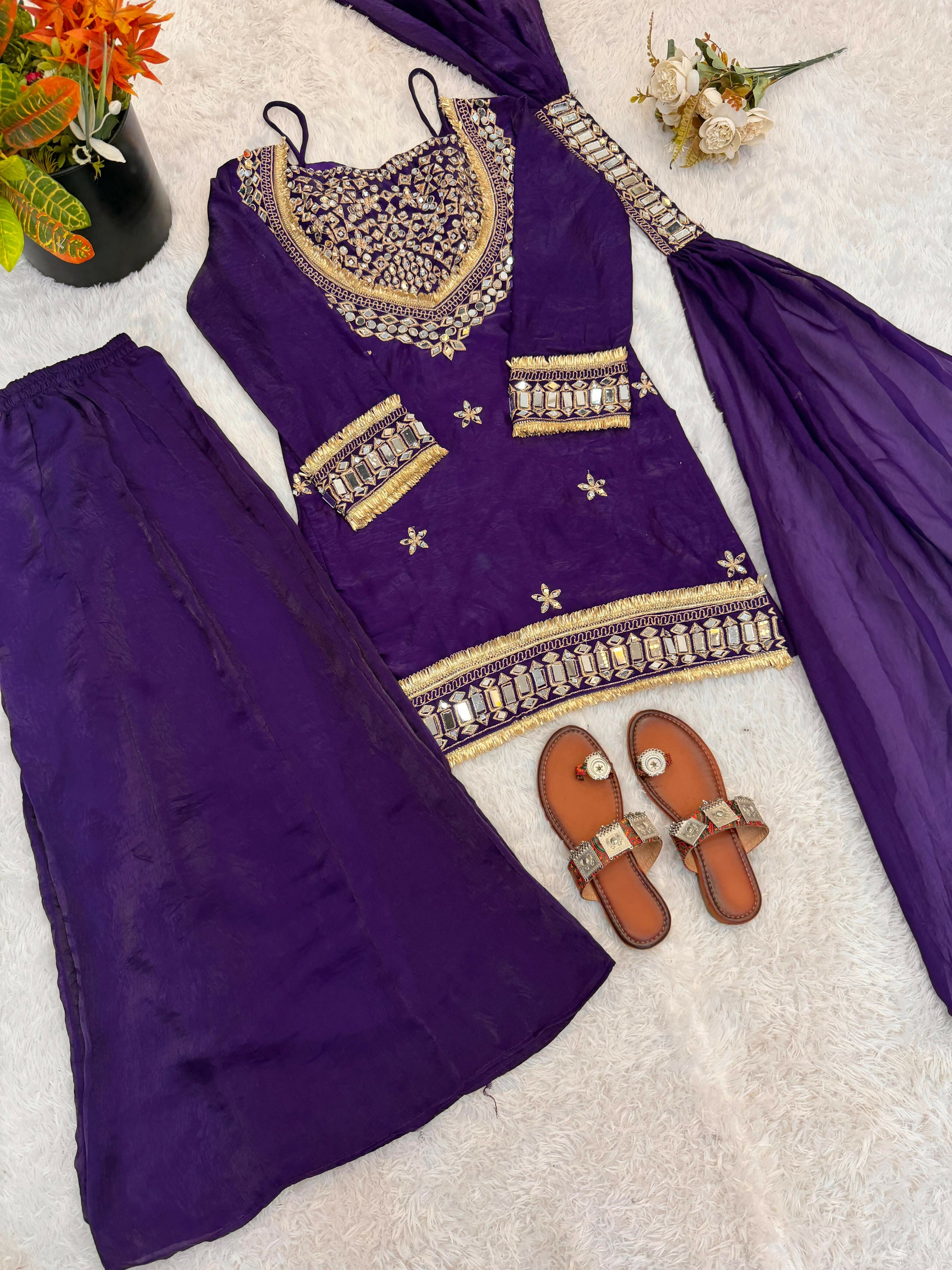 Women’s Fendy Silk Mirror Work Top, Sharara & Dupatta Set