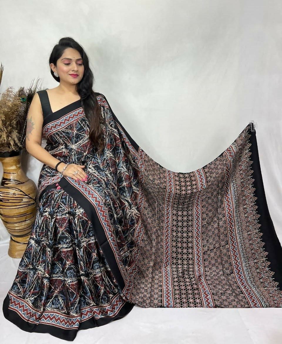 Modal Silk Ajrakh Saree – Black Abstract Ajrakh Design