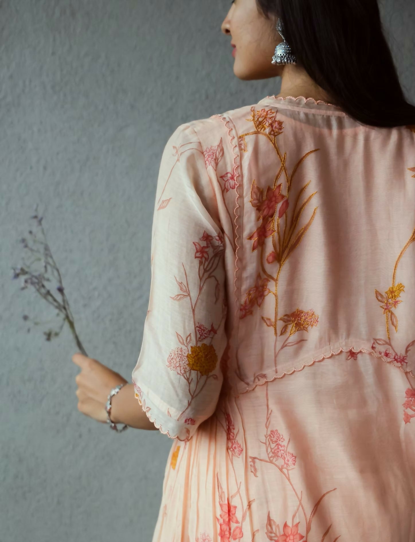 Peach Printed Embroidered Dress
