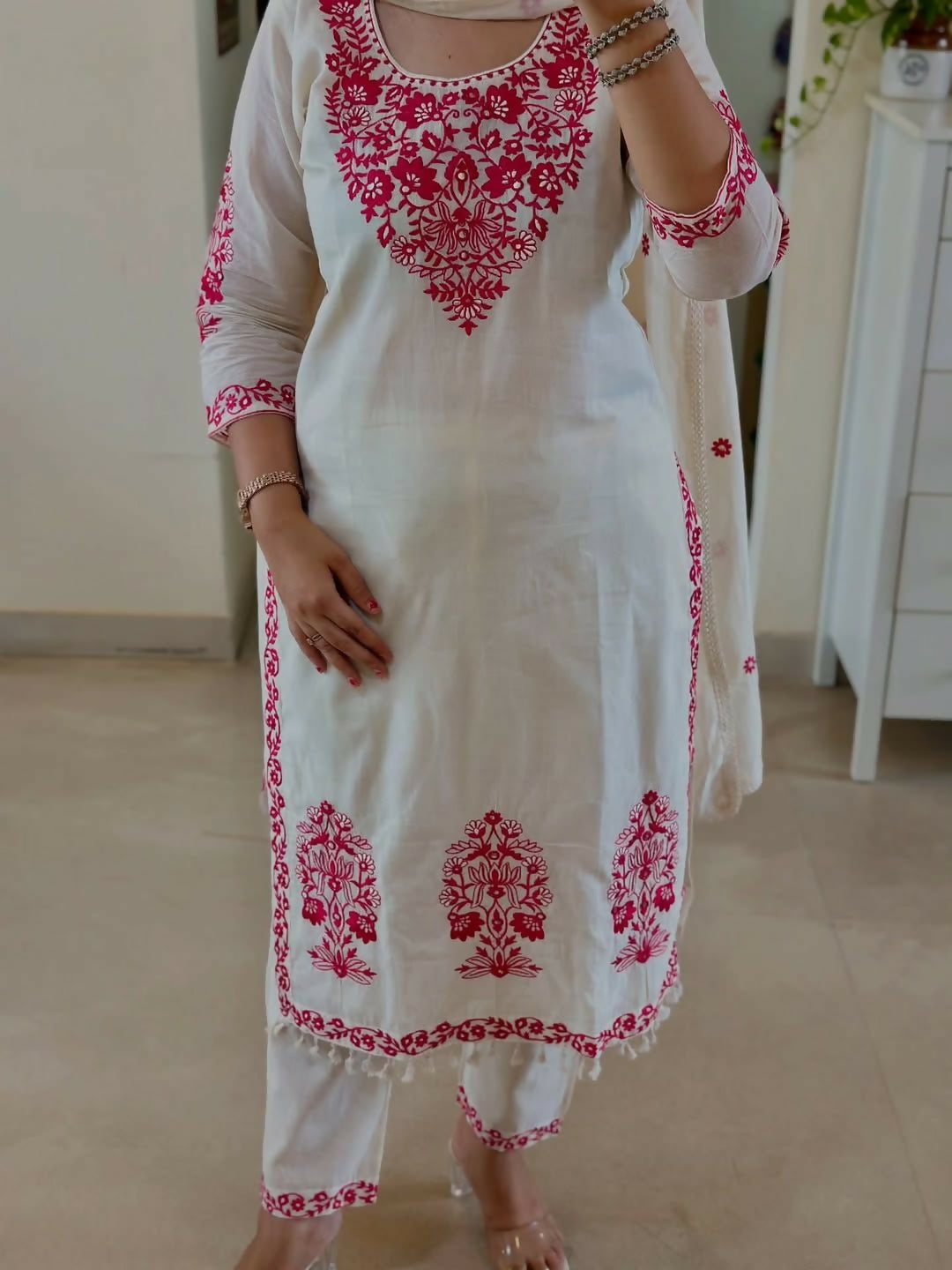 Roman Cotton Silk Embroidered Top, Pant & Dupatta Set