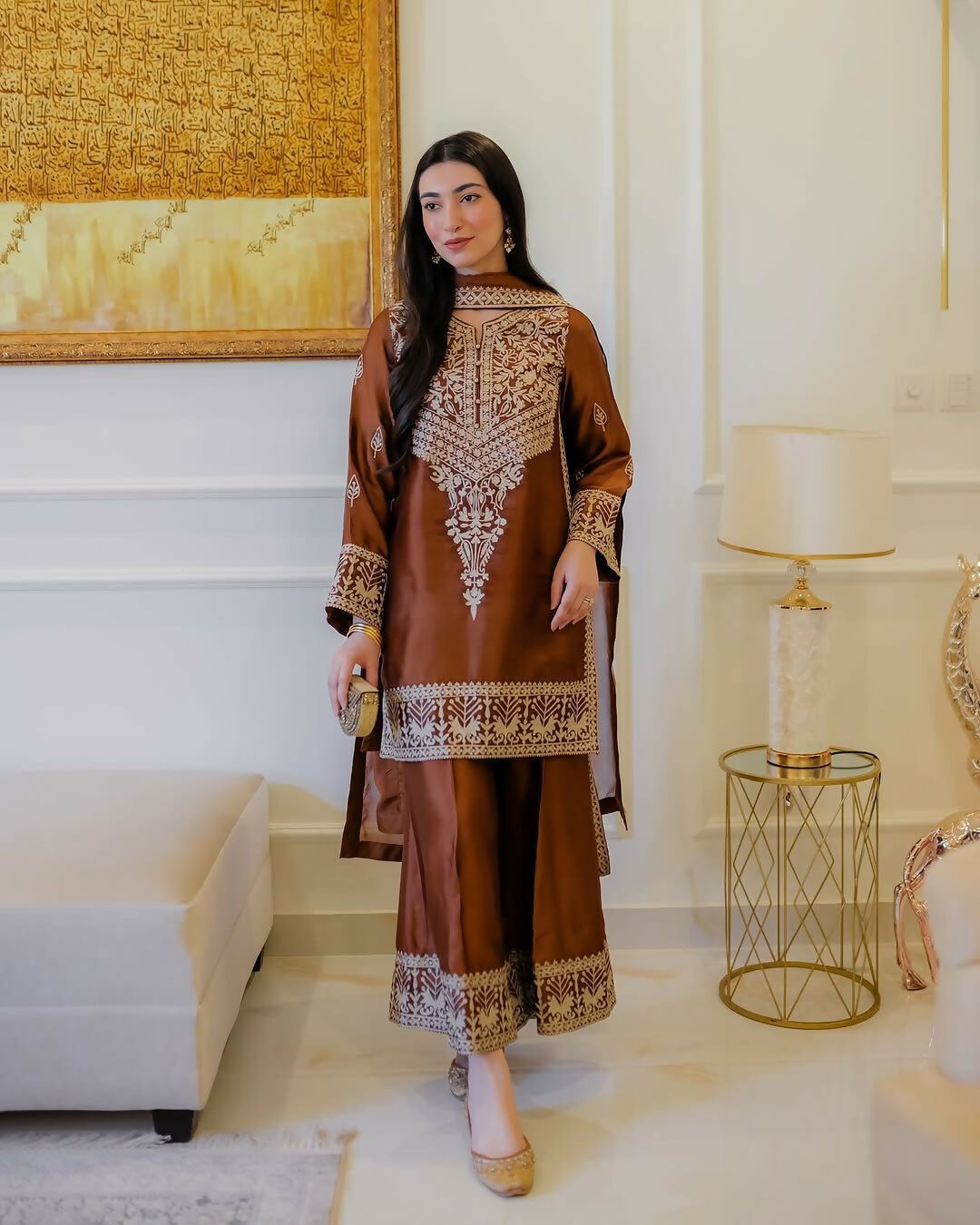 Designer Chinon Silk Top Palazzo & Dupatta Set