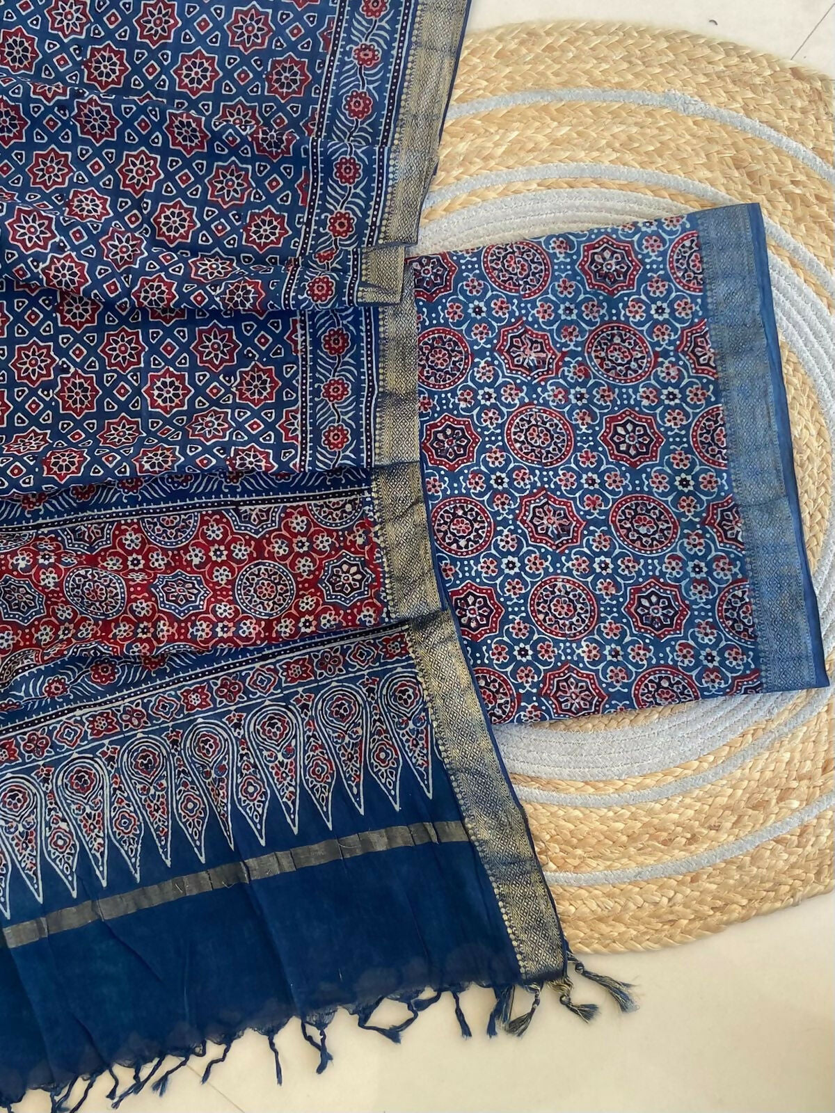 Ajrakh Mangalgiri Cotton Suit Fabric - Indigo Ajrakh Cotton Suit Fabric India