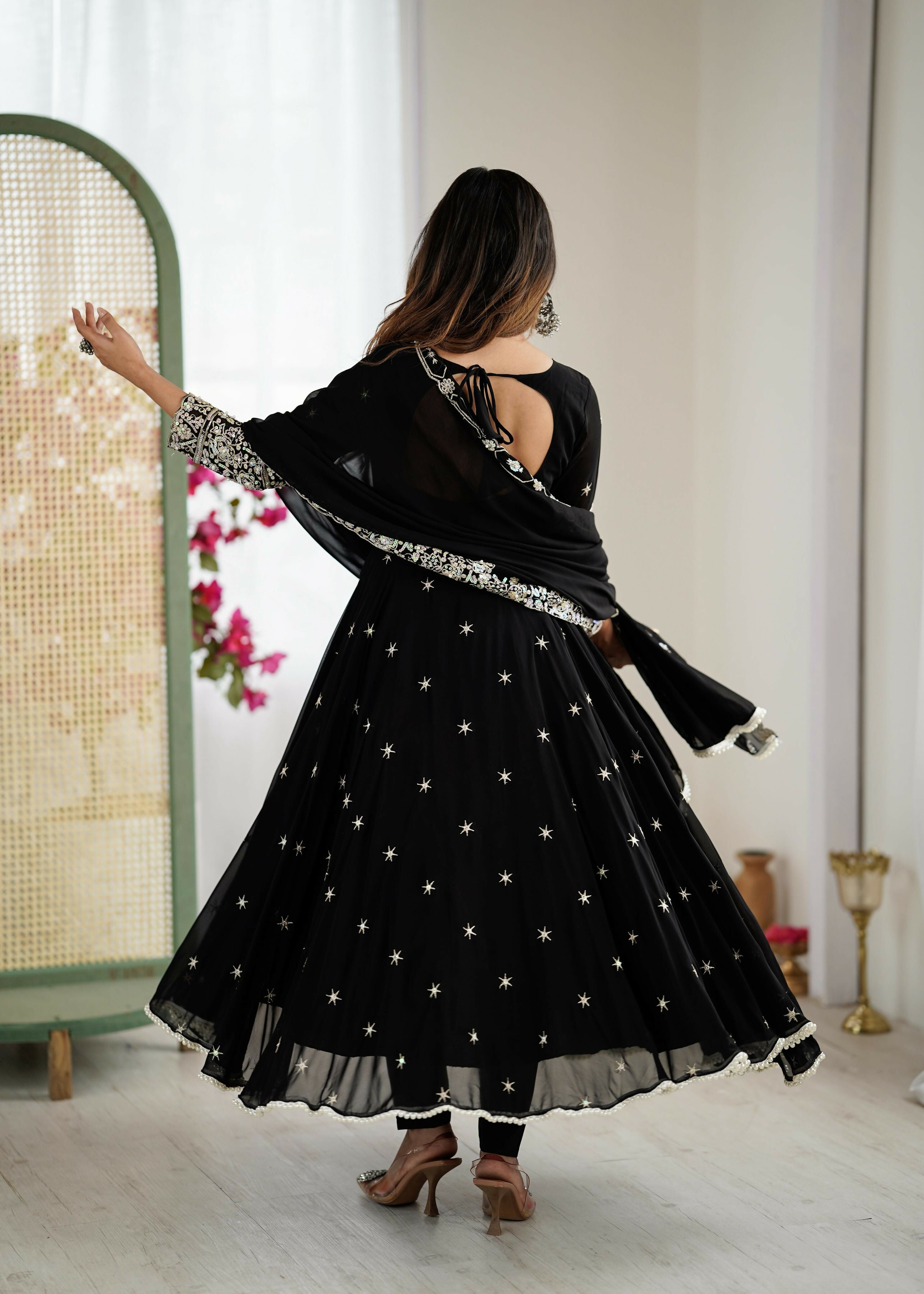 Elegant Embroidered Designer Anarkali Three Piece Set