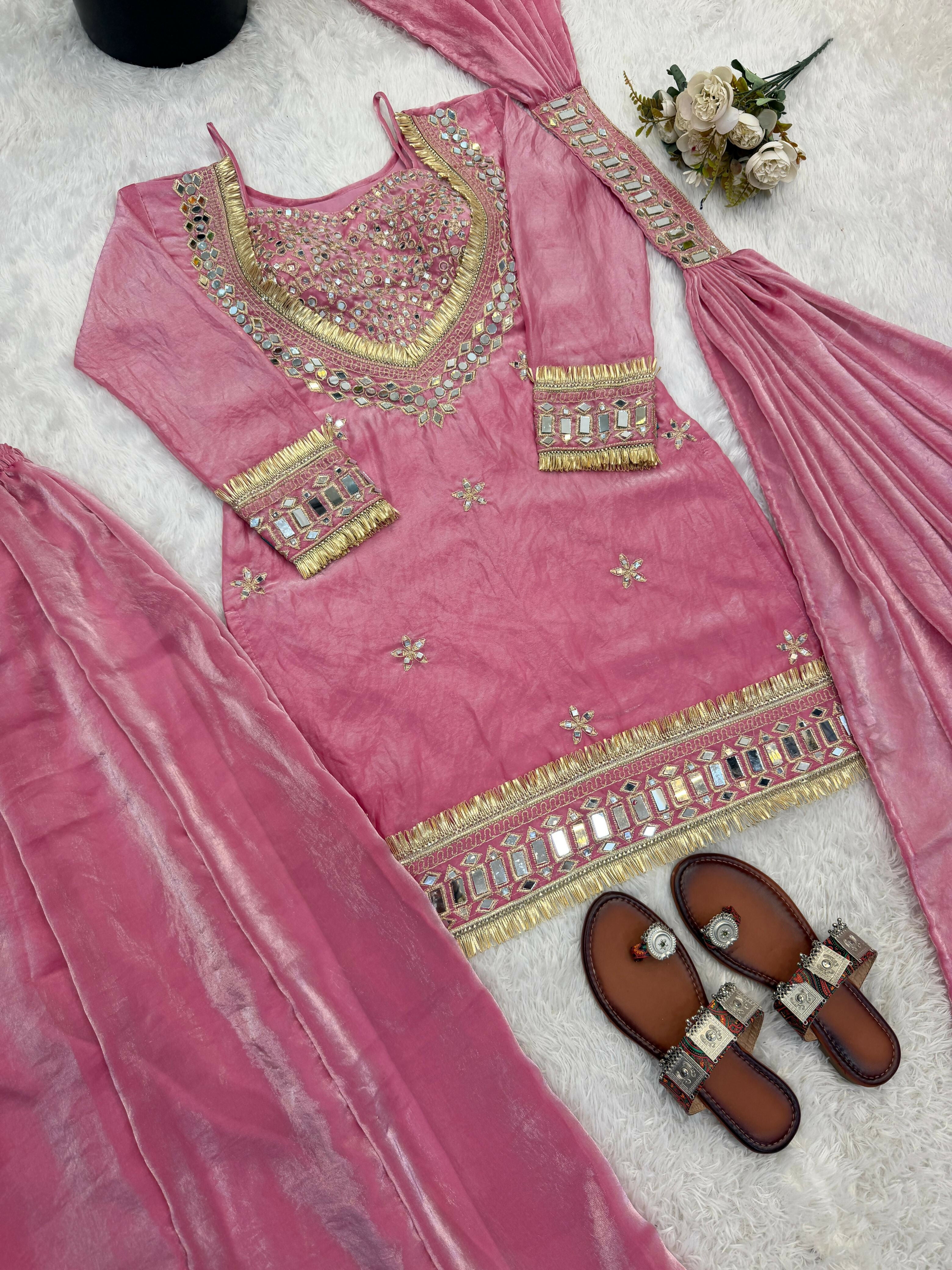 Women’s Fendy Silk Mirror Work Top, Sharara & Dupatta Set