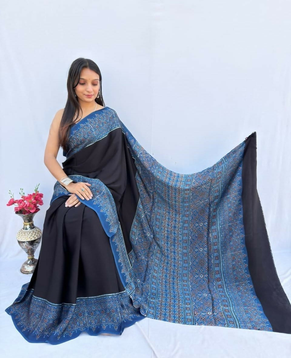 Modal Silk Ajrakh Saree – Navy Blue & Black Border Design