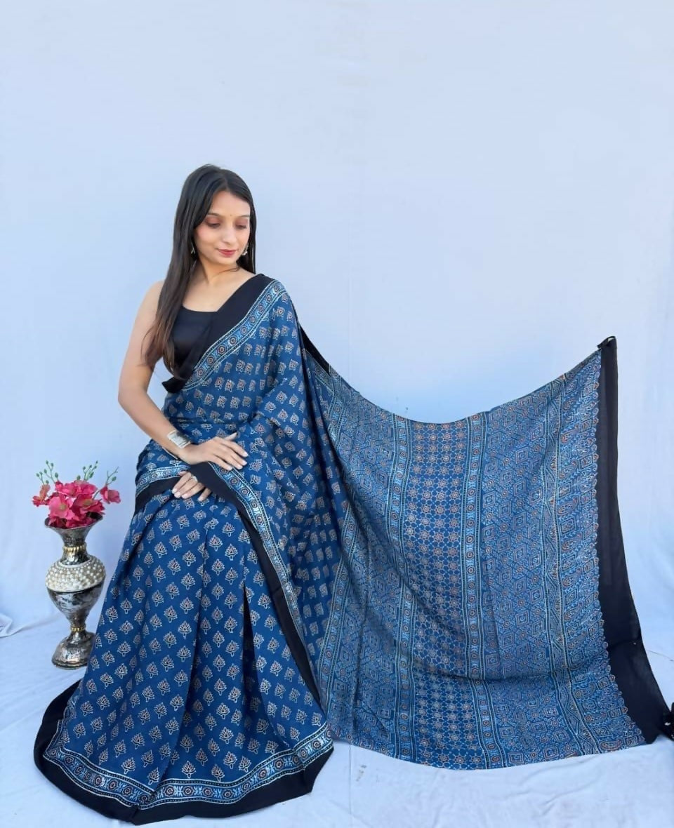Modal Silk Ajrakh Saree – Navy Blue with Traditional Ajrakh Design