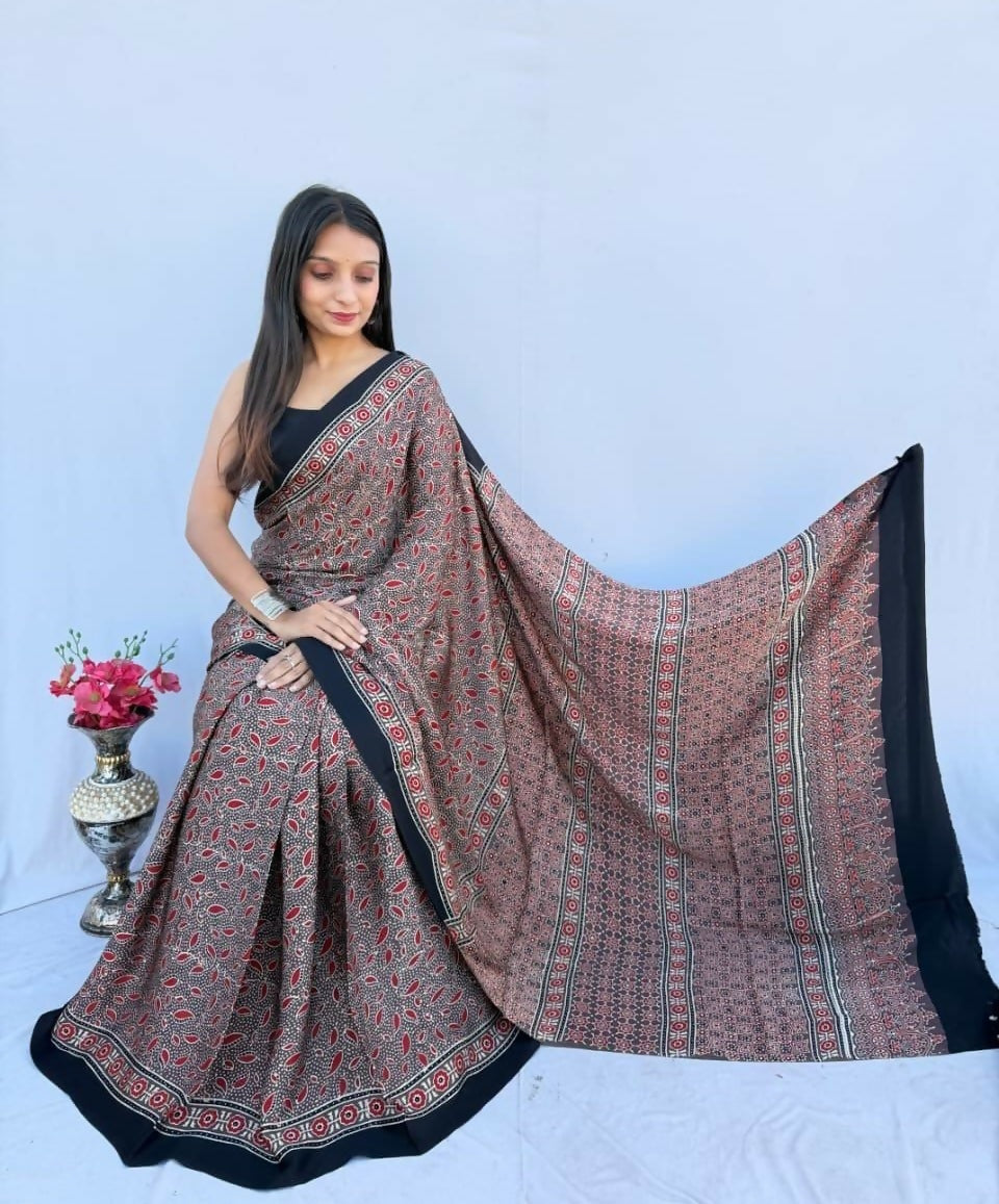 Modal Silk Ajrakh Saree – Dusty Pink Ajrakh Design