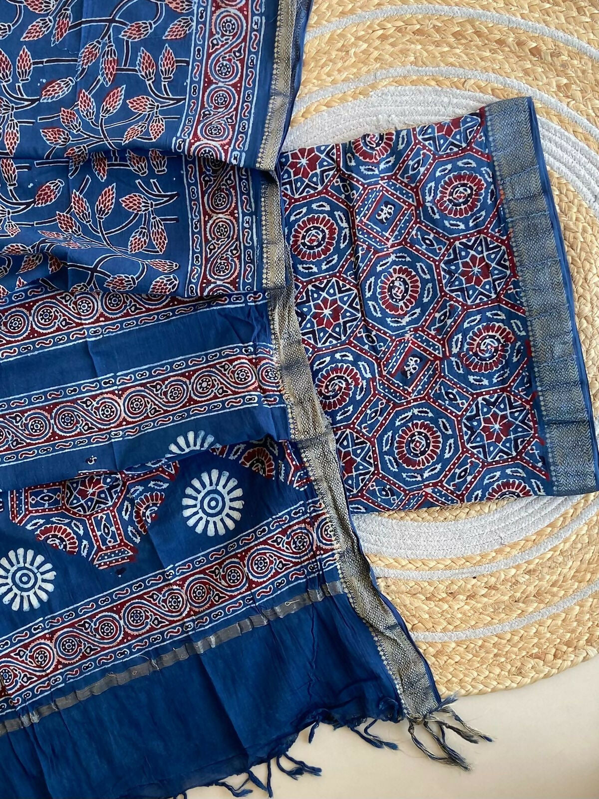 Ajrakh Mangalgiri Cotton Suit Fabric - Blue Ajrakh Cotton Suit Fabric Online India