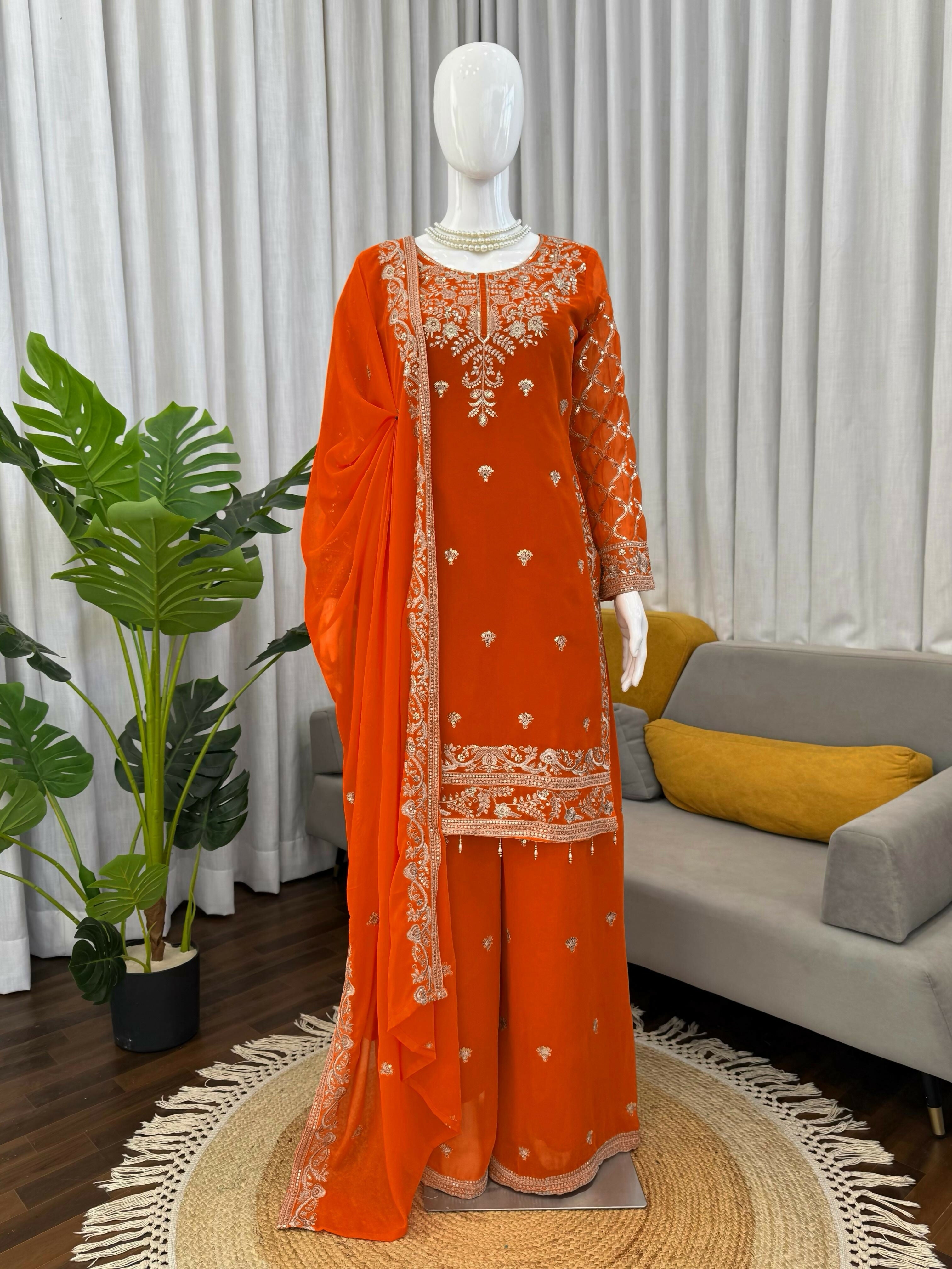 Designer Faux Georgette Embroidered Kurta Palazzo Set with Dupatta