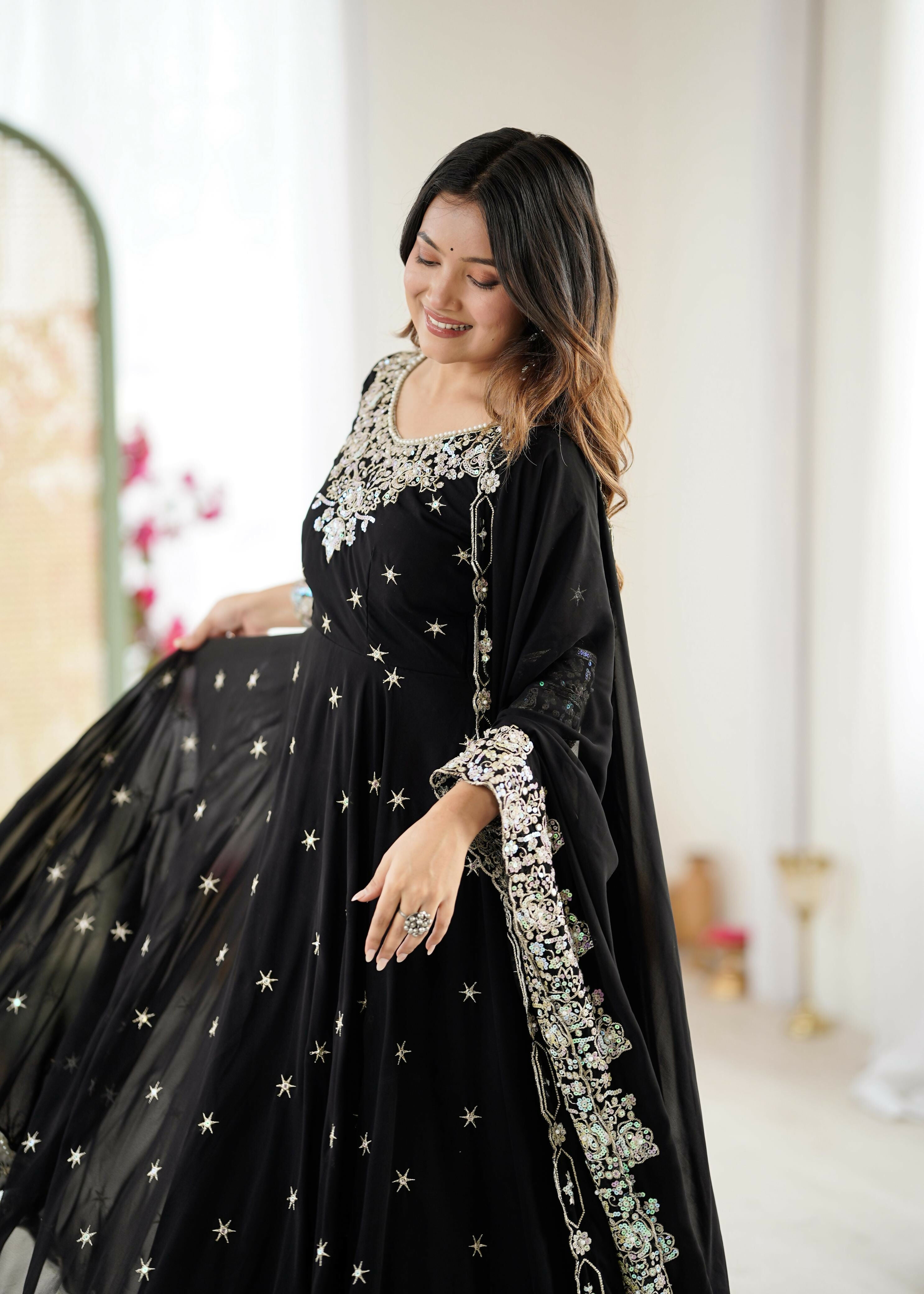 Elegant Embroidered Designer Anarkali Three Piece Set