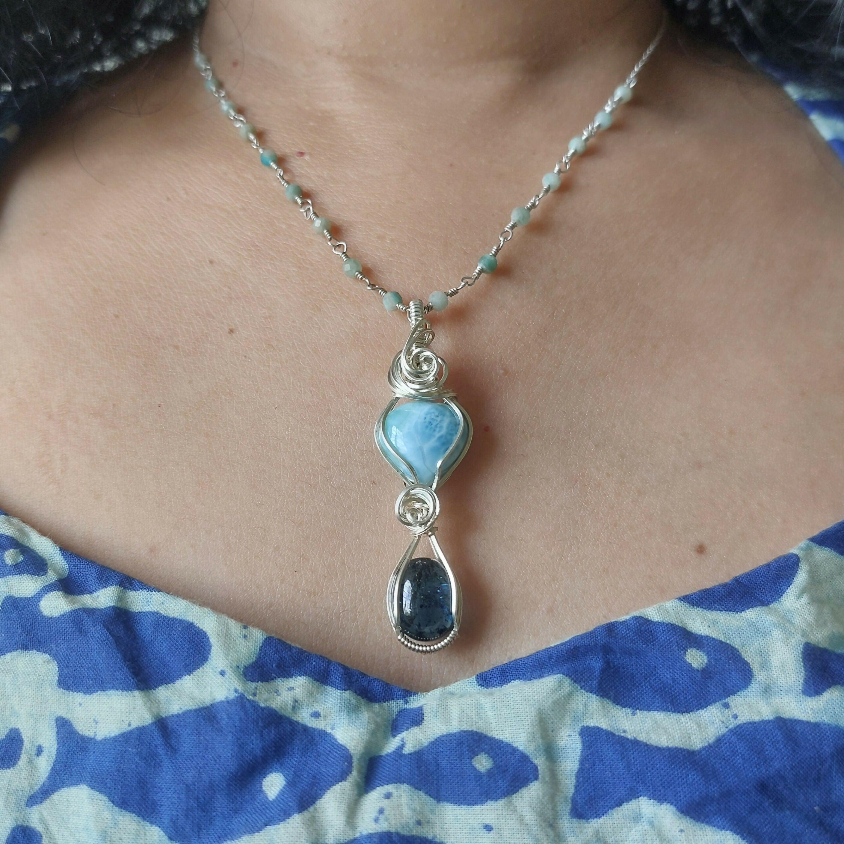 Amazonite wire wrapped handmade sterling silver beaded chain